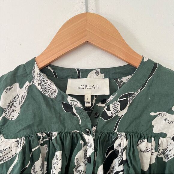 THE GREAT. Green Tale Floral Vintage Inspired Smocked Blouse - Picture 8 of 11